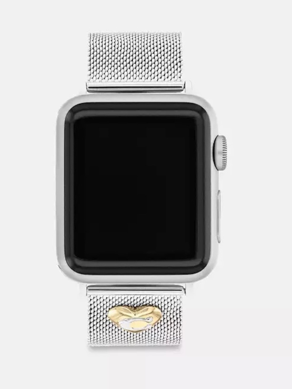 Coach Silver Mesh Apple Watch strap with Gold Heart Accent